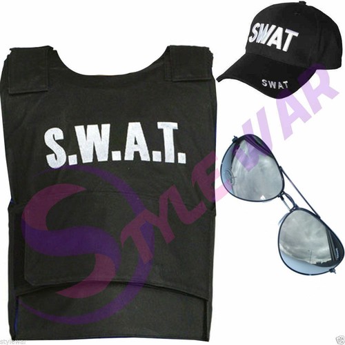 NEW CHILDREN SWAT VEST SHIRT HAT AVIATOR SUNGLASSES SCHOOL KID COMBO FANCY DRESS - 第 4/7 張圖片