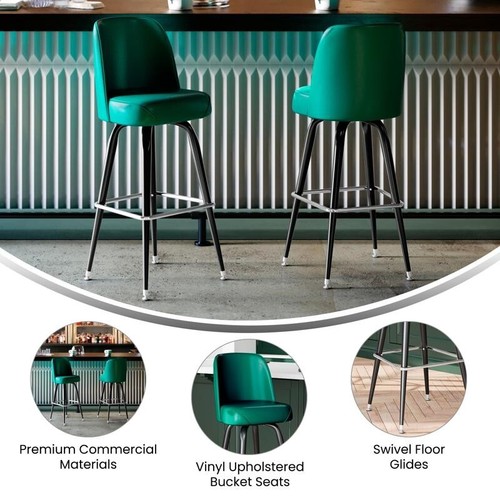 Commercial Quality Metal Restaurant Barstool with Green Vinyl Swivel Bucket Seat - Picture 7 of 9
