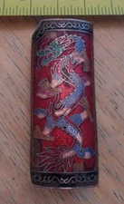 1980's Cloisonne *RED DRAGON* Myth Enameled Brass Lighter Cover Holder Case Vtg