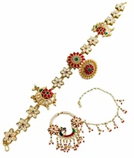 Traditional Rajasthani Handmade Maangtika & Minakari Peacock Nathiya Red Combo