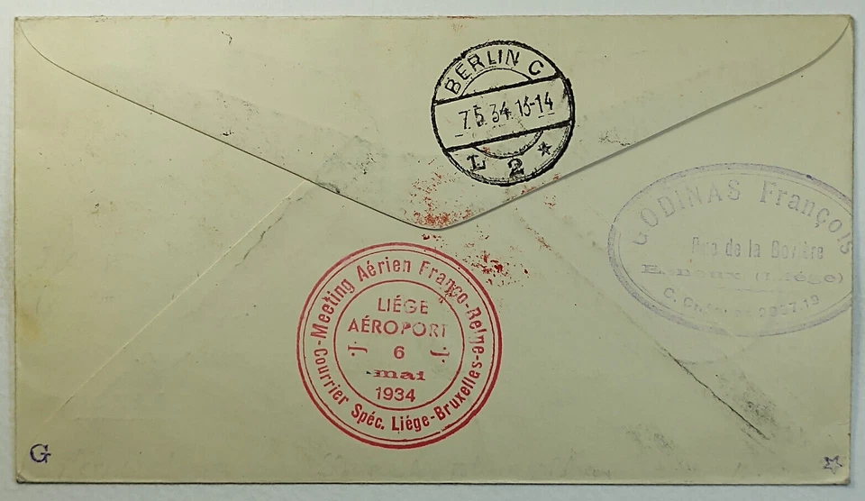 1934 Bélgica Gran Reunión de Aviación Correo Aéreo Cubierta Lieja a Berlín Cruz Roja Foto 2 de 2