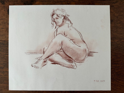 Vintage American School Conte Figure Pencil Sketch Portrait Study Woman 13 x 16