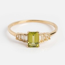 Emerald Cut Natural Peridot Vintage Yellow Gold Plated On Silver Engagement Ring