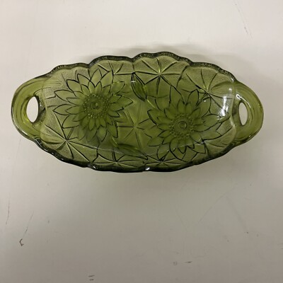 Vintage Indiana Glass Lily Pons Green Floral Oval Relish Candy Nut Dish