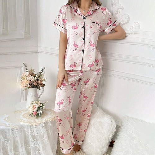 Women's Short Sleeve Silk Pajamas Set Print Satin Sleepwear Homewear Nightwear - Picture 166 of 251