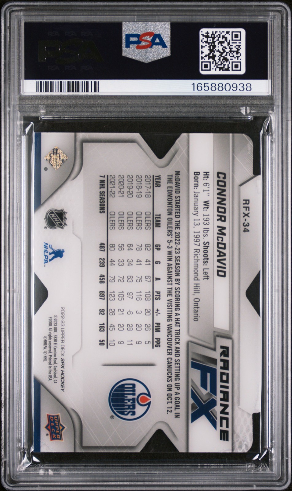 2022 UD SPX RADIANCE FX #RFX34 CONNOR MCDAVID 306/549 PSA 9 view 2