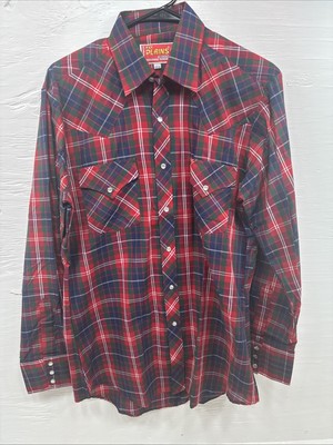 New Men s ELY Plains Red Plaid Long Sleeve Pearl Snap 15.5 Medium T-80 
