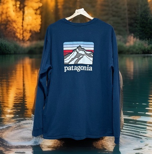 Patagonia Men’s Long Sleeved Cotton T-Shirt Mountain Retro Graphic Sz XL - Foto 1 di 6