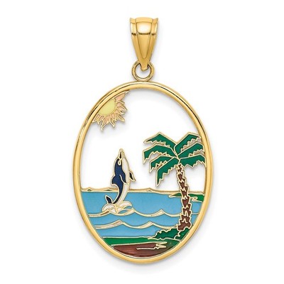 14k Gelbgold Emaille Delfin springt in Strandszene Charm Anhänger 2,29gm
