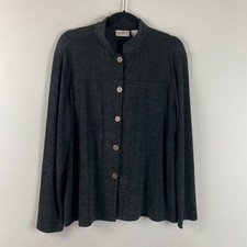 Chicos Travelers Jacket Sz 2 US L Gray Slinky Knit Button Front Travel Cardigan