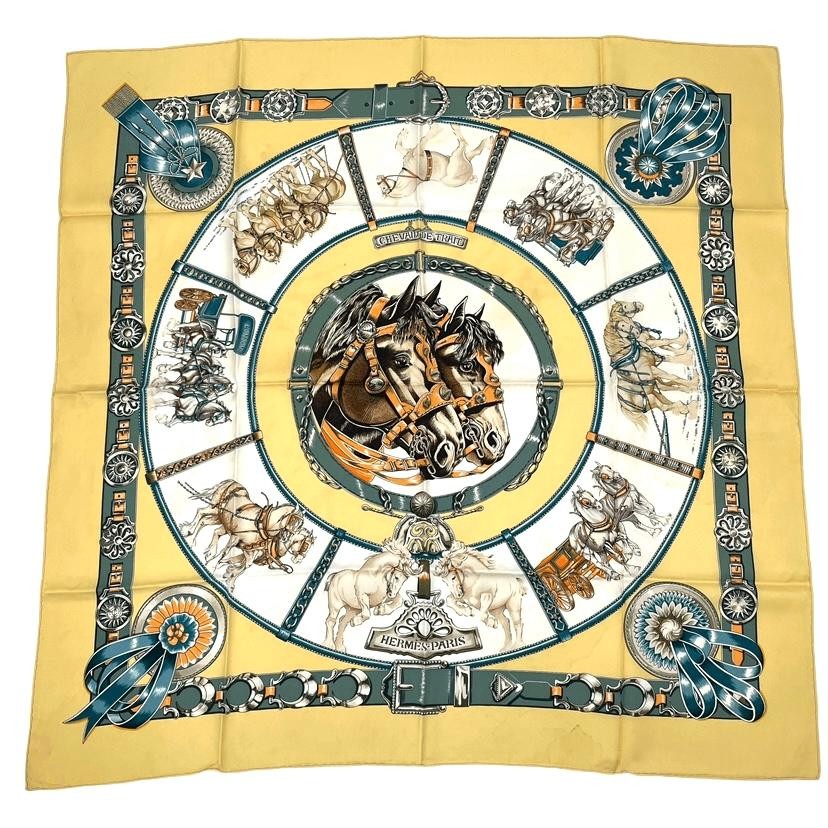 Hermes Chevaux De Trait Silk Scarf 90 in Yellow
