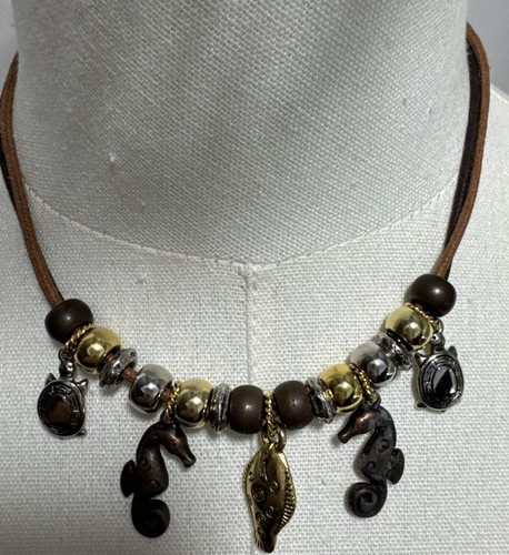 Liz Claiborne Women's Turtle Charm Necklace Vintage Leather Sea Life Signed - Picture 2 of 15