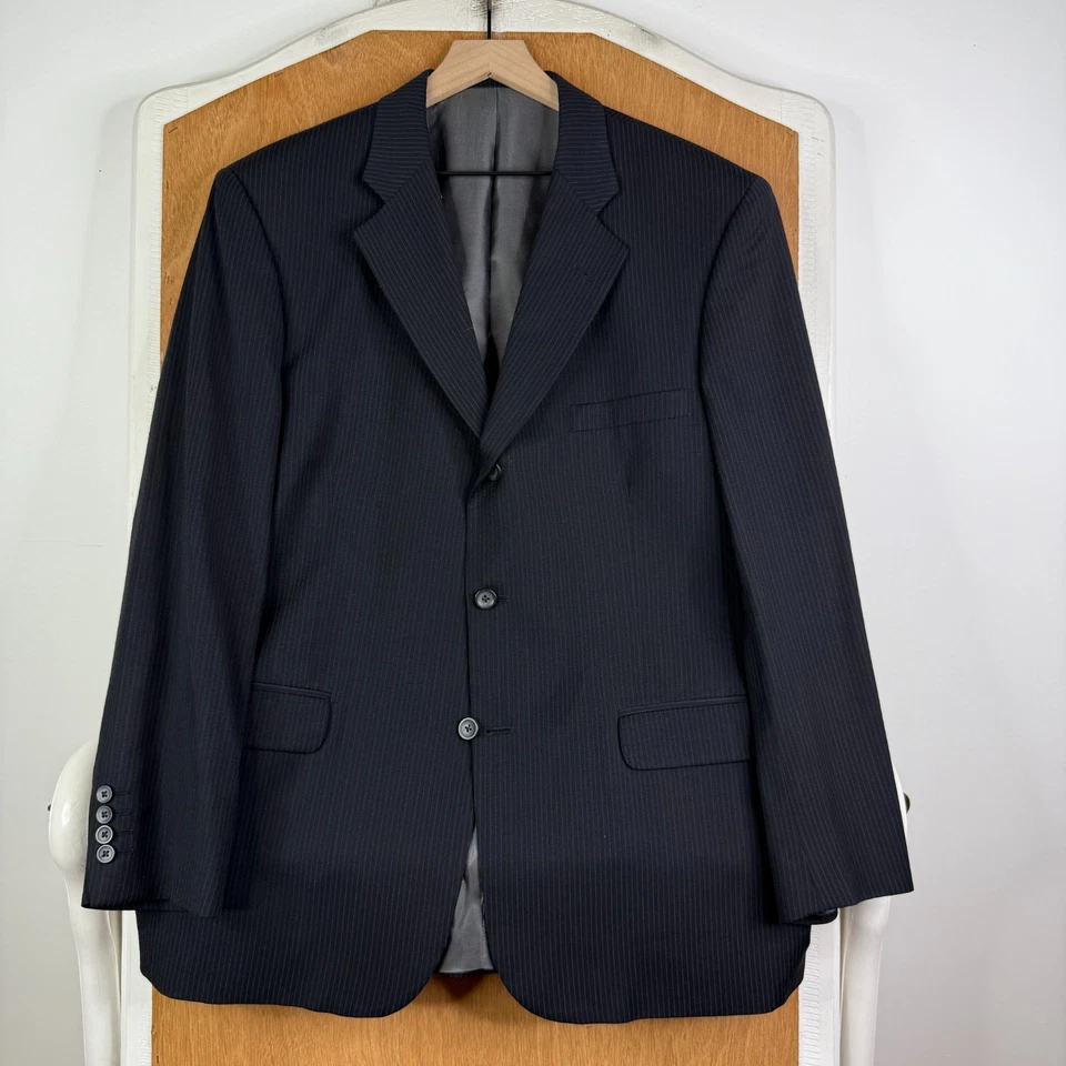 J Ferrar Suit Mens 42R Black Pinstripe 2 Button 100% Wool Pants 34x31 Flat Front - Image 2 of 4