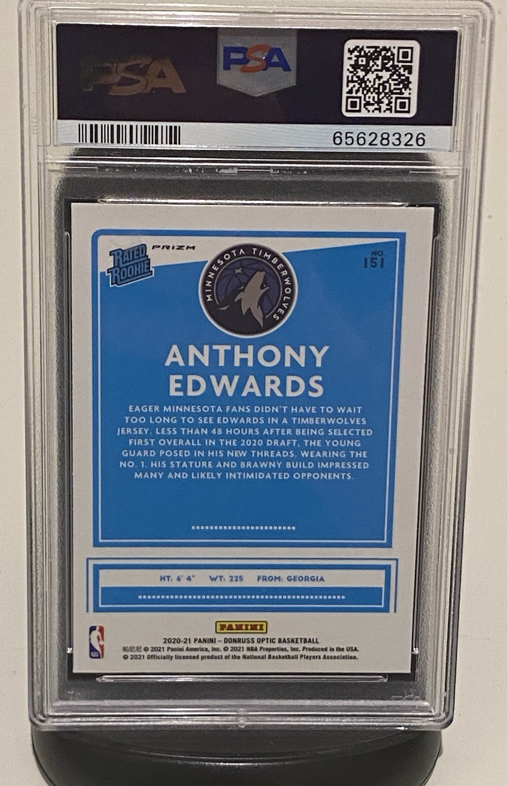 2020 Donruss Optic Anthony Edwards Blue Velocity Prizm #151 Rated Rookie PSA 10 view 4