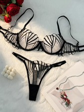 Push Up Underwire Lingerie Set Bra Brief Embroidered Black Cup Support 2PCS