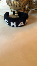 CHANEL Logo Faux Fur Headband Hair Band Black White Lettering Women