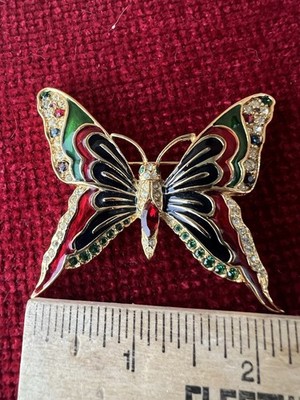 VTG Spinx Mint Rhinestone Enamel Blue/Red/Green Enamel Butterfly Brooch #A1376