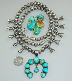 Navajo Pearl KINGMAN Turquoise SQUASH BLOSSOM Necklace Blues Southwest Naja 22"