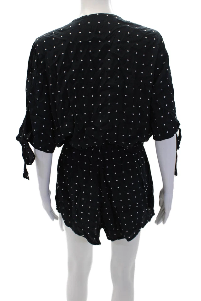 Faithfull The Brand Womens Diamond Print V Neck Romper Navy Blue White Size 8 - Image 3 of 4