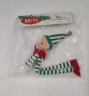 Vintage NOS Xmas Shiny Brite Green Striped Knee Hugger Elf Pixie Japan 1950s 