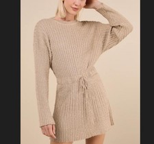 LULUS brown slugged cotton long sleeve mini dress nwt sz L