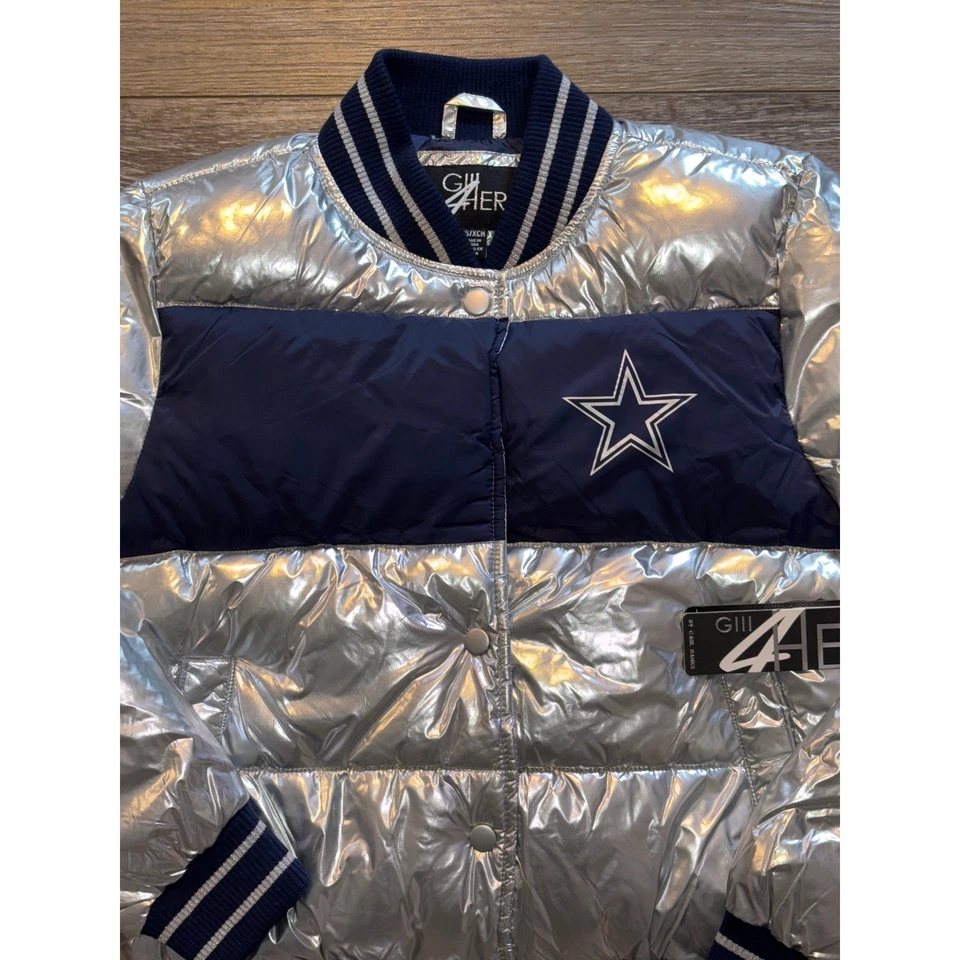 NWT G-III 4Her Dallas Cowboys Puffer Jacket Silver Navy NFL Football VarsityXS - Image 2 of 4