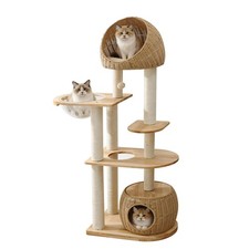 Modern Cat Tree Wood for Indoor Cats, 59-Inch Multi-Level Cat Tower with Scra...