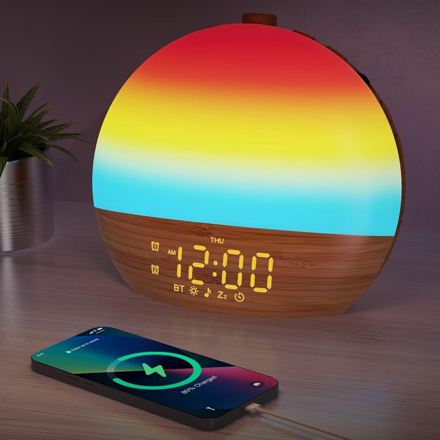 Sunrise Alarm Clock with Sound Machine - Wake Up Light, Wood Grain, Bluetooth