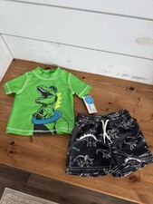 Boys 6m Dinosaur Swim Suit 2pc Navy Blue Trunks Shorts Green T-Shirt Carters NWT