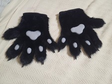 Pair of Black Faux Fur Cat Paw Gloves. One Size Fits