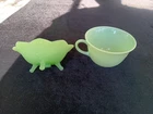 Vintage Jadeite Fire King "Alice" Pattern Cup & A Jadeite Candleholder