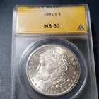 1881-S ANACS MS 63 BRILLIANT WHITE SILVER DOLLAR, #5014379