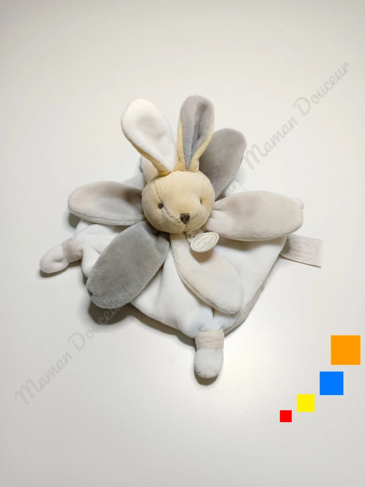 Doudou Et Compagnie Lapin Carré Beige Blanc Et Gris Taupe Pétales Mini Collector - Photo 4/4
