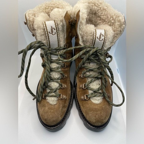 Jimmy Choo Eshe Flat Shearling Lace Up Combat Boots Suede Clove/Nutmeg US 7 IT37 - Picture 4 of 9