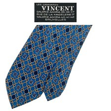 Vincent Vintage Blue Tie - Yellow Blue Chained Circles Floral 100 Silk Necktie