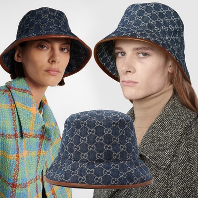GUCCI HAT GG LOGO MONOGRAM JACQUARD DENIM w LEATHER TRIM BUCKET UNISEX $590 M