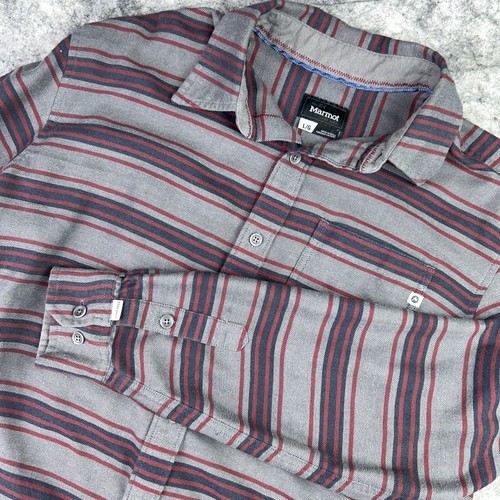 Marmot Flannel Shirt Mens Large Gray Red Black Striped Outdoor Casual Button Up