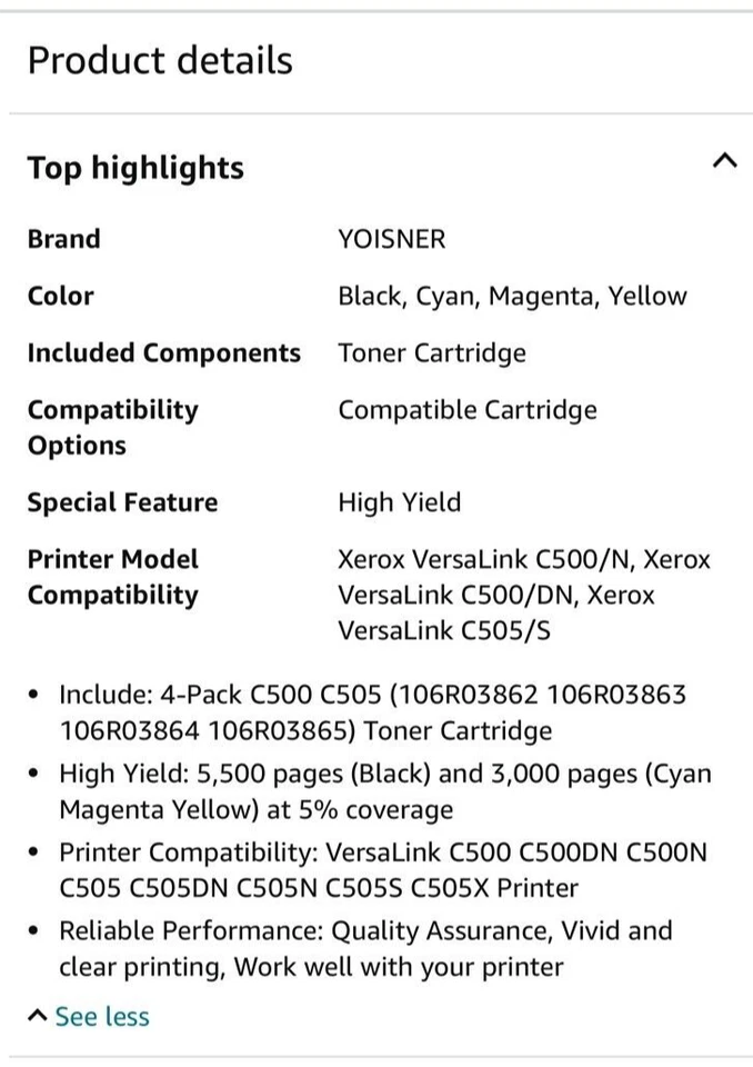 Conjunto de cartucho de toner 4 peças KCMY para Xerox C500 C500N C505 C505N lacrado - Imagem 3 de 4