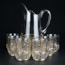 Riverside Olympia Crystal with Gold Water Set 7pc, Antique EAPG Pitcher Tumblers