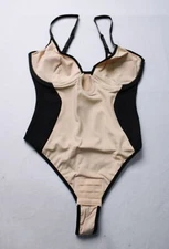 Shapellx Women's Deep Plunge Thong Shaping Bodysuit DH3 Beige/Black Small NWT