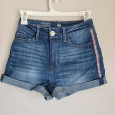 SO High Rise Shortie Women's Junior Jean Shorts with Red Stripe Denim Size 5