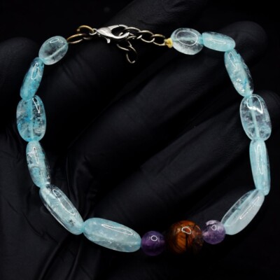 68 kt Aquamarin, Amethyst & Tigerauge schönstes Perlenarmband VK 15 E636