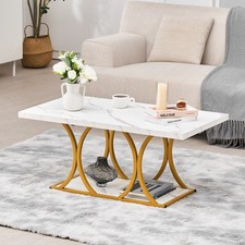 Uimoso 2-Tier Rectangle Coffee Table with Faux Marble Top and Geometric Base