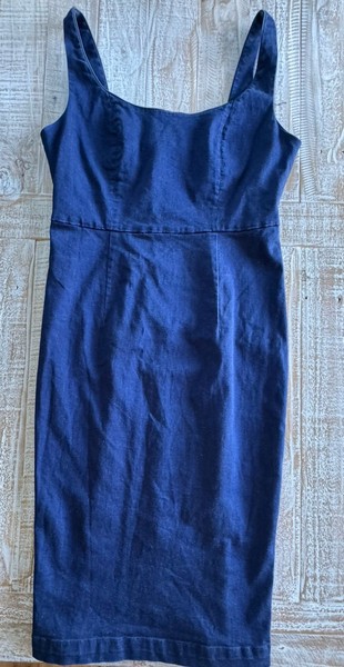 COUNTRY ROAD Denim Midi Dress Size 14 Blue Square Neck Zip Back Stretch Cotton