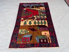Alfombra vintage afgana de 2'10x4'6 pies anudada a mano escena de pueblo de lana