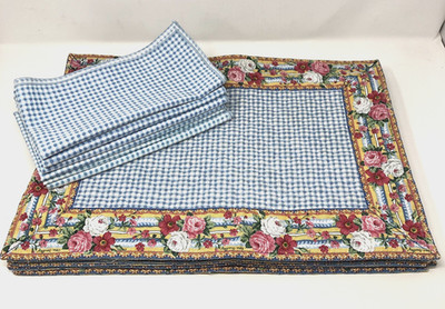 Vera Bradley Elizabeth Placemats Napkins Blue Gingham Roses 6 Each, Set of 12
