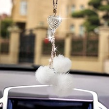 Bling Car Mirror Accessories for Women, Rhinestone Diamond Love Heart  White