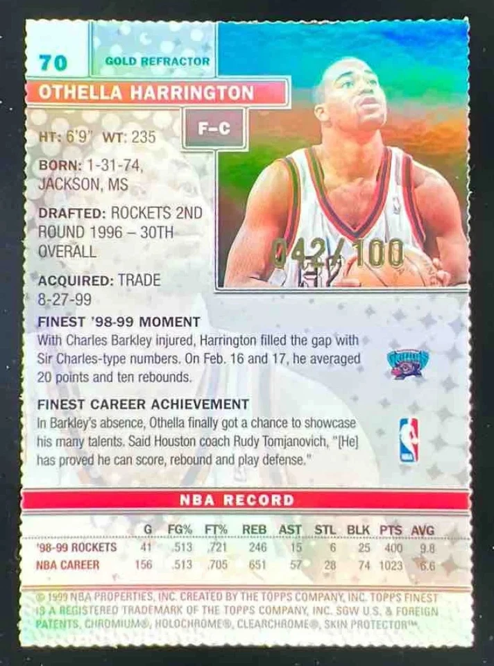 1999-00 Topps Finest Gold Refractors #70 Othella Harrington /100 - Image 2 of 2