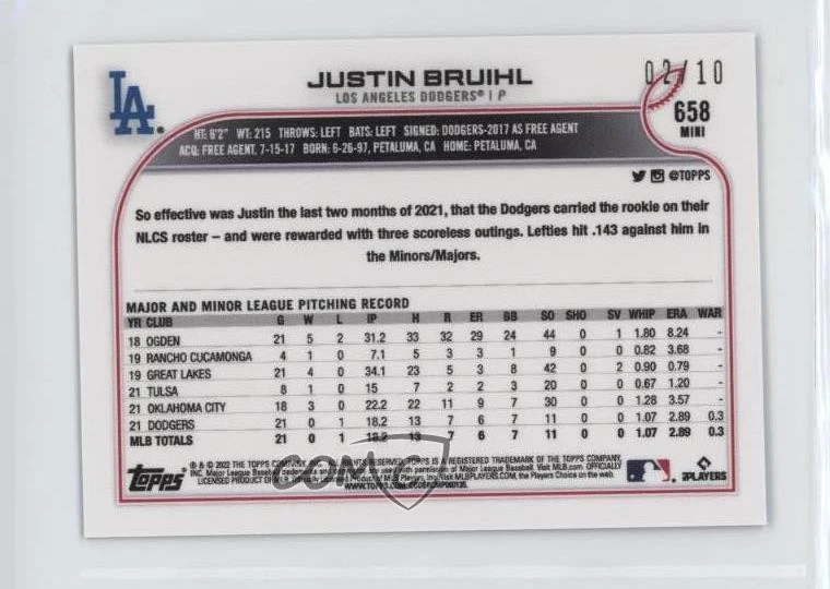 2022 Topps Mini Blue /10 Justin Bruihl #658 Rookie RC - Image 2 of 2