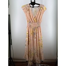 H&M Peach Floral Chiffon Maxi Dress Smocked Waist High Low Hem Pink Yellow US 2